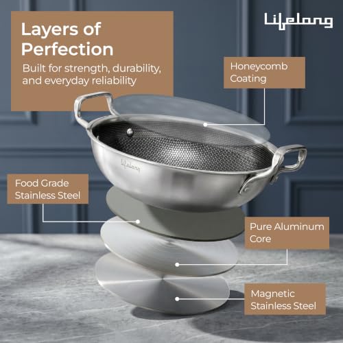 Image of Lifelong Triply Honeycomb Kadhai 26 Cm for Kitchen | Extra Deep Stainless Steel | 3-Layered Nonstick Coating | 2.5mm Thick | Scratch-Resistant | Even Heating with Less Oil | Gas & Induction Compatible