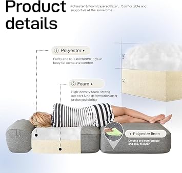 Folding Lazy Floor Sofa for Adults, Linen Convertible Bed Couch Cozy Large Fold Out Chair Bed Grey, Mattress Sleeper Guest Floor Recliner Loung Sofa with Headrest Pillow Bedroom Living Room Balcony
