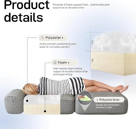 Folding Lazy Floor Sofa for Adults, Linen Convertible Bed Couch Cozy Large Fold Out Chair Bed Grey, Mattress Sleeper Guest Floor Recliner Loung Sofa with Headrest Pillow Bedroom Living Room Balcony