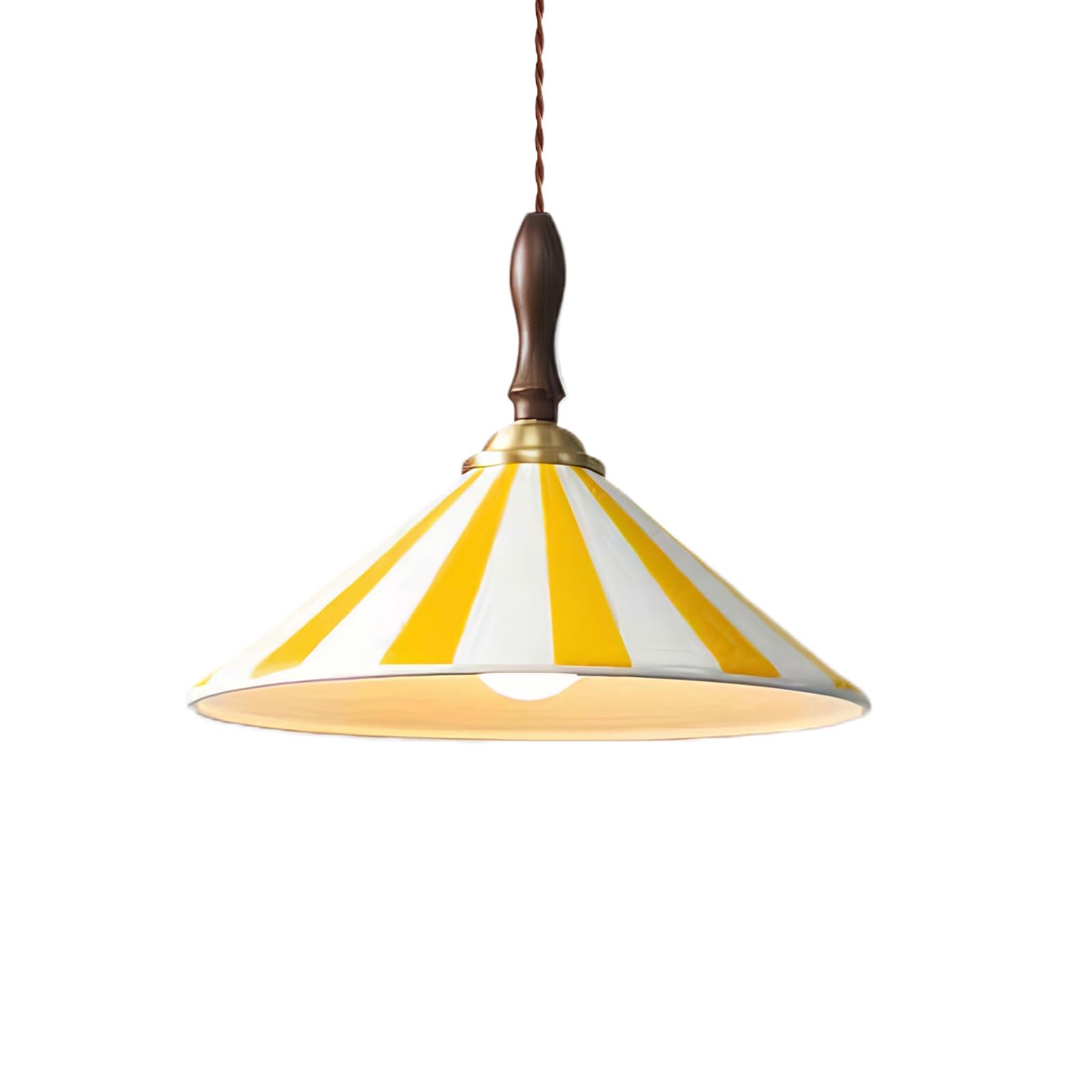 30cm Lámpara Colgante Vintage de Cerámica con Rayas Base de Madera Altura Ajustable Conector E27 Lámpara Moderna para Salón Dormitorio Cocina Comedor Café (Amarillo)