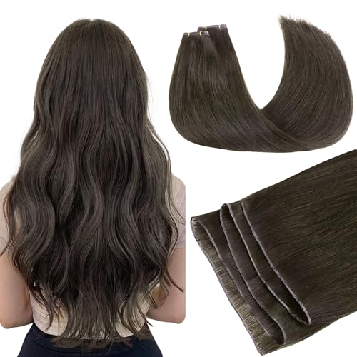 Image of GOO GOO Genius Weft Hair Extensions Human Hair, Sew In Hair Extensions Rooted Remy Weft, 1C Mocha Brown 16inch 100g, Hand Tied Weft Hair Extensions