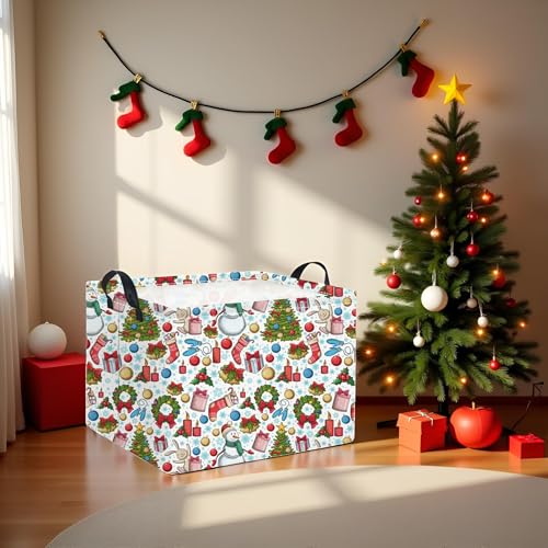 Image of Rectangular Christmas Basket Trick or Treat Spooky Boo Basket with Handles for Women Girls Cute Storage Bin Organizer(Snow Christmas)