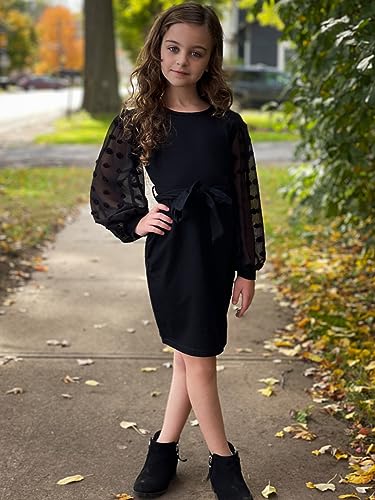 Girls Dress Kids Mesh Long Sleeve Dresses Self Belted Elegant Bodycon 7-14 Years3