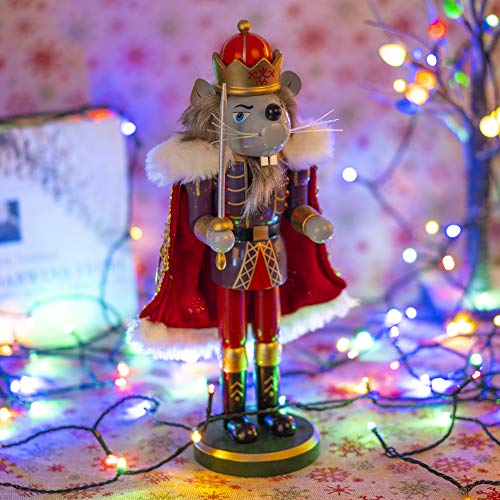 FUNPENY Christmas Decorative Nutcracker, Handmade Wooden Traditional Festive Collectible Nutcracker, Christmas Table Decorations Holiday Present (14 inch Mouse King)
