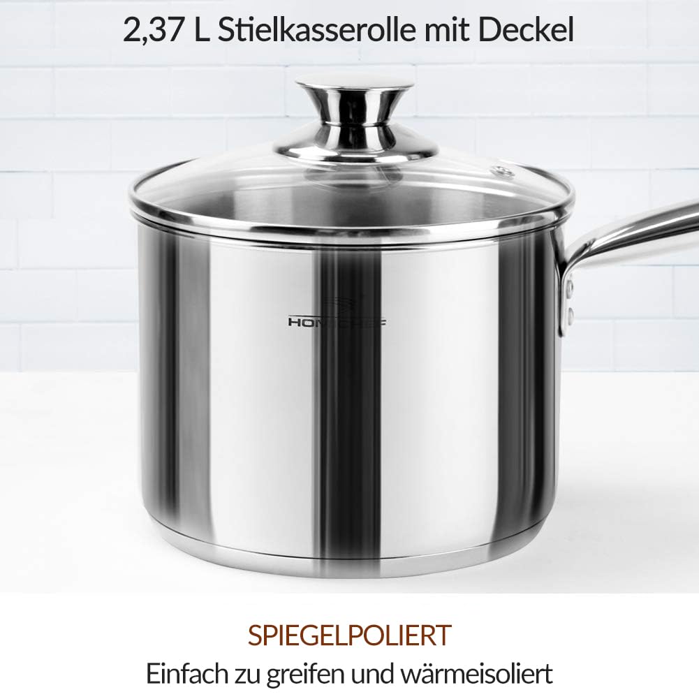 HOMICHEF 14-teiliges Nickelfreies Edelstahl Topfset Induktion - Topf und Pfannen Set mit Glasdeckeln - Gesundes Induktions Ungiftiges Kochgeschirr-Set