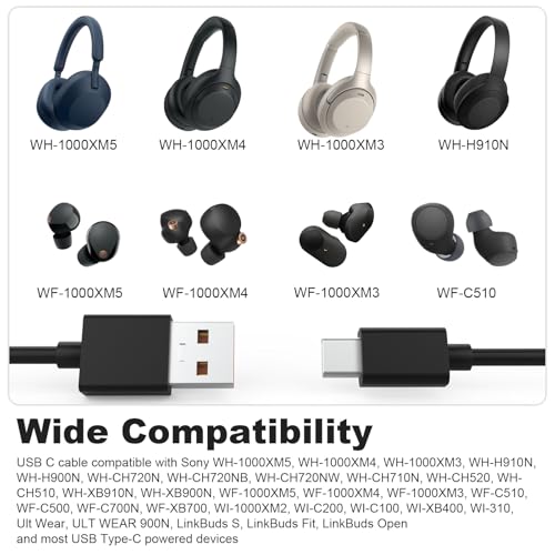 Image of Type C Charger Cable Compatible with Sony WH-1000XM6 WH-1000XM5 WH-1000XM4 WH-1000XM3 WH-CH720N WH-CH520 WH-XB910N WF-1000XM5 WF-1000XM4 WF-1000XM3 WF-C510 WI-C500 Headphones (100cm)
