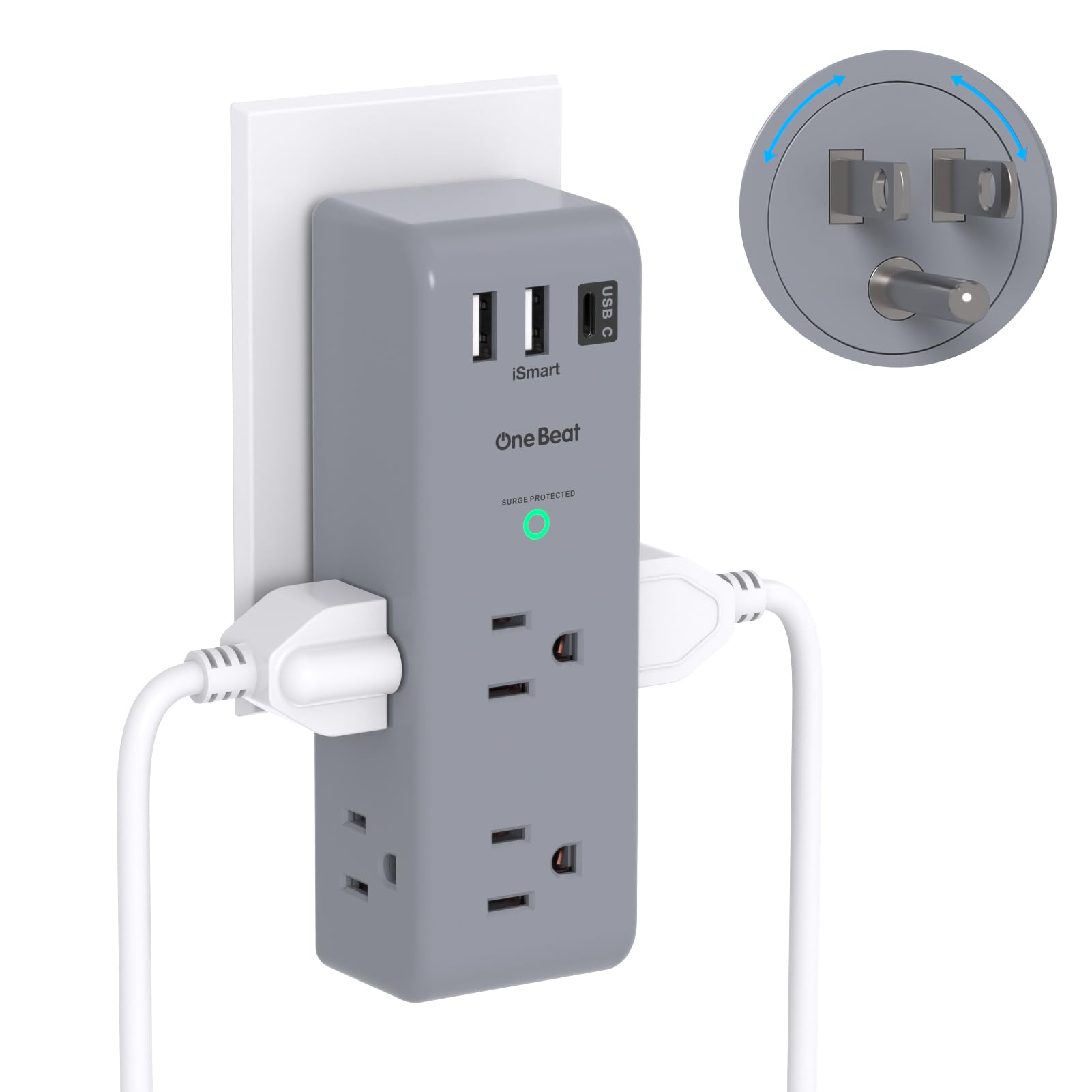 Surge Protector Outlet Extender - with Rotating Plug, 6 AC Multi Plug Outlet with 3 USB Ports (1 USB C), 1800 Joules, 3-Sided Swivel Power Adapter with Spaced Outlet Splitter for Dorm, Office, Grey