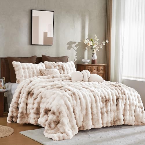 Image of Wonderful - 3 Pieces Faux Rabbit Fur Comforter Set Queen Size, Beige Tie Dye Plush Bedding Set, 3D Sculpted Bubble Warm Fluffy Comforter for Winter