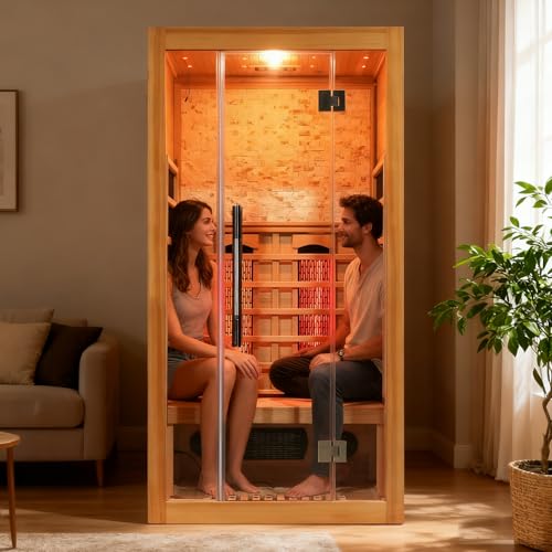 Image of Smartmak Infrared Home Sauna, 2-Person Canadian Hemlock Wood Sauna, Cultural Stone /Full-Spectrum Heating Panels, Starry Sky Lighting, Speakers, Oxygen Bar (220V, 1750W)