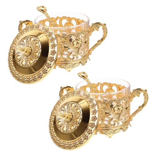 Cabilock 2pcs Sugar Bowl with Lid and Spoon Gold Metal Glass Condiment Containers Vintage Salt Server for Sugar Cube Storage Kitchen Coffee Bar Wedding Party