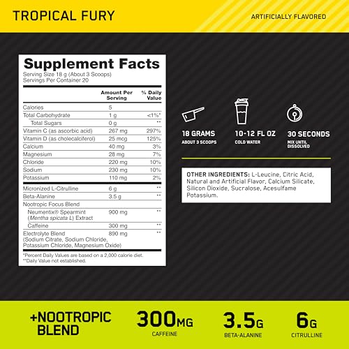 Image of Optimum Nutrition Amped Pre-Workout, with Citrulline, Beta-Alanine, Nootropics and 300mg of Caffeine for Energy, Tropical Fury, 20 Servings (Packaging May Vary) | Pre-Workout with L-citrulline, Beta-Alanine, Electrolytes, Nootropic blend with 300mg of Caffeine & Neumentix(r), Zero Sugar