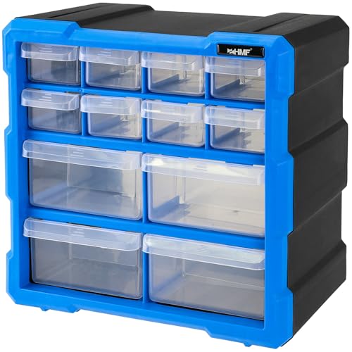 HMF Boîte de rangement pour petites pièces avec 12 tiroirs, boîte de rangement pour vis et outils, 24 compartiments, 26,5 x 26,5 x 16 cm, bleu-noir