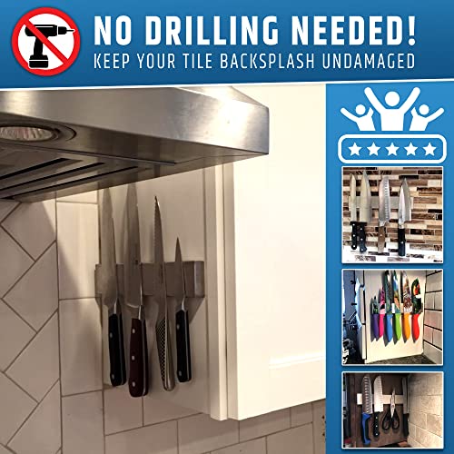 Image of 10 inch Strong Adhesive (No Drill) Magnetic Knife Holder for Wall - Professional Knife Strip - No Screws Needed - Adhesive Backing - Stainless Steel Bar (Upgraded Version - Will Not Fall)