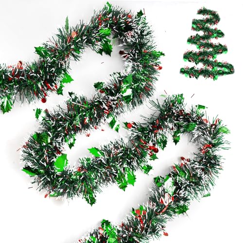 G2PLUS Ghirlanda di Natale Tinsel Verde: 10m Ghirlanda Albero di Natale,Festoni Orpelli Natalizia per Decorazioni Natalizie da Interno ed Esterno
