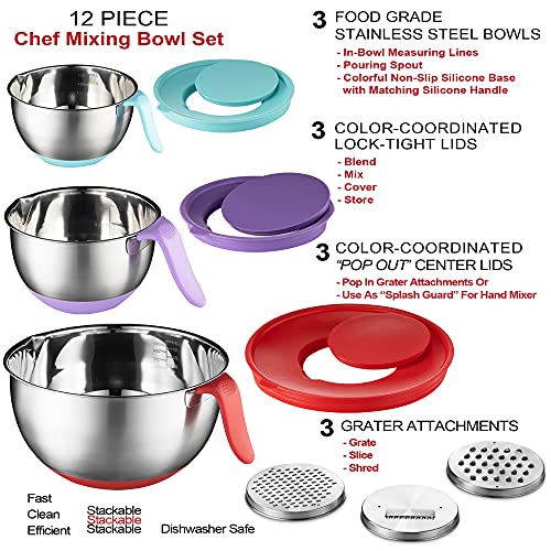 Stainless Steel Mixing Bowls (Set Of 3) - Long Handle, Pour Spout, Non Slip Colorful Silicone Bottom With Lids, 3 Graters, & Measurement Marks, Ideal For Cooking, Baking & Serving, Food & Salad Prep. #TOP1