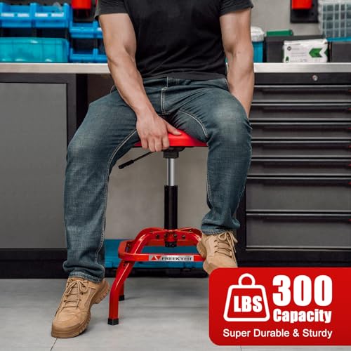 Image of Shop Stool with Backrest, Mechanic Garage Stool for Workshop, Adjustable Shop Stools Chair, Padded Workbench Stools for Men Women, 300 LBS Capacity, 360 Swivel PVC Seat, Heavy Duty, Red