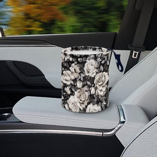 Image of Black White Rose Car Trash Can Cute Garbage Bin Hanging Portable Dustbin Bin Waste Basket Collapsible Small Trash Can Easy to Clean