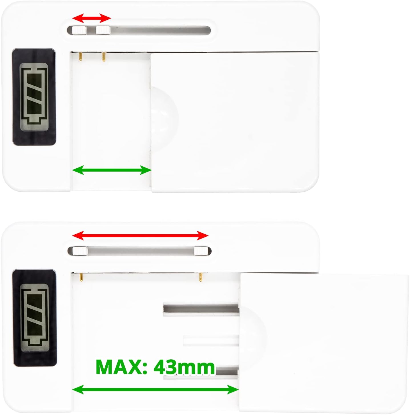 Diagram showing adjustable battery contacts on the charger