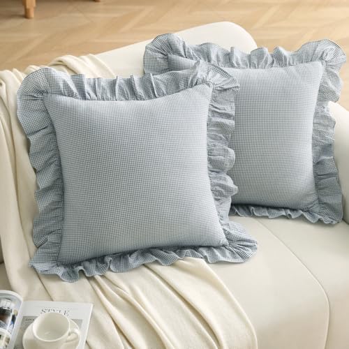 Silnuo Blue/White Plaid Ruffle Throw Pillow Covers Vintage Checkered Gingham 20