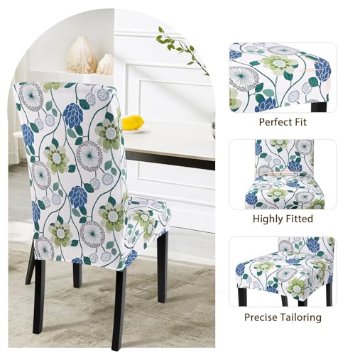 Image of SearchI Printed Dining Room Chair Covers Set of 4, Stretch Kitchen Chair Covers Washable Parsons Chair Slipcover Removable Dining Chair Protectors for Hotel,Ceremony(Green Flowers)