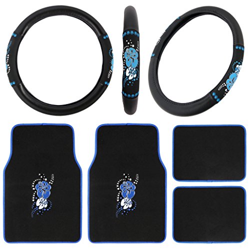 Carpet Floor Mats Steering Wheel Combo Set Hawaii Blue Floral Design Flowers