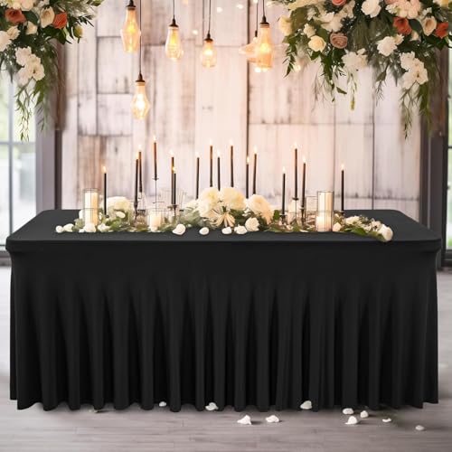 Image of 2 Pack Black Fitted Spandex Table Cloth Rectangle 8ft, Wrinkle Free High-Stretch Skirted Tablecloths for 8 Foot Rectangle Tables, Decor Parties Weddings Birthday Banquet Spandex Table Cloths Cover