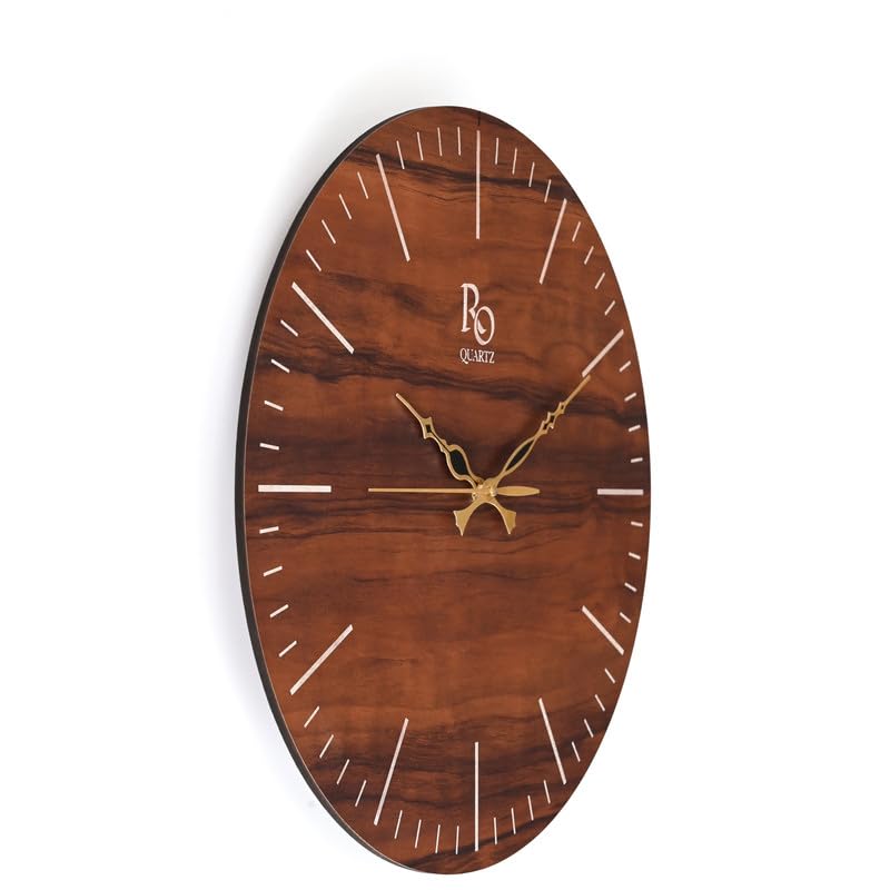 Image of Engineered Wood Round Shape Wall Clock with Metallic Hand & Silent Quartz Movement | Wooden Minimalist Design Anti Reflection Analog Vintage Clock for Home (Brown, 15 Inch)