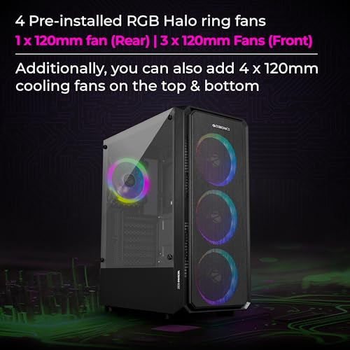 Image of ZEBRONICS Invicta Mid-Tower Premium Gaming Cabinet ATX /MicroATX /MINI ITX, 3X 120mm Front + 1x 120mm Rear Fan, Halo Glow Ring RGB Fans, RGB LED Modes, Tempered Glass Side Panel