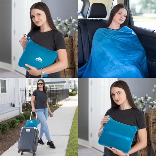Image of BlueHills Premium Soft Travel Blanket Pillow Airplane Blanket in Soft Bag case with Hand Luggage Belt and Carabiner Compact Pack Large Cozy Blanket for Plane Car Train Teal Blue T022
