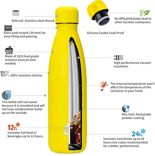 Image of BJPKPK Stainless Steel Water Bottles 17oz Insulated Water Bottle for Travel,Yellow