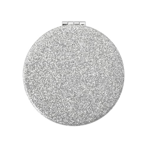 Silver Glitter Round Compact Mirror - Double-Sided, Portable Folding Hand Mirror for Women's Purses & Travel