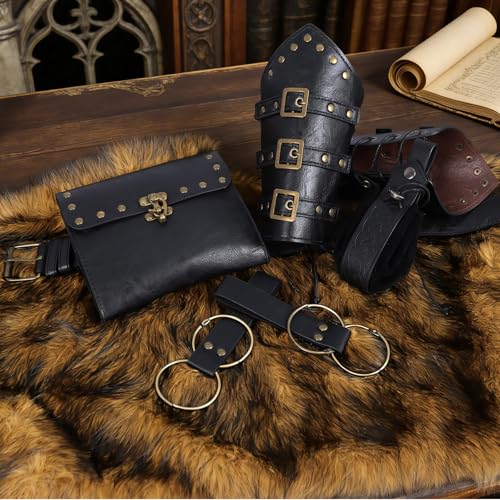 Image of Renaissance Belt Pouch Medieval Viking Leather Bracers Set for LARP