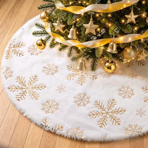 WISELIFE 36 Inch White Faux Fur Christmas Tree Skirt, Soft Plush Tree Skirt with Gold Sequin Snowflakes, Xmas Holiday Party Decoration for 5-6ft Christmas Tree