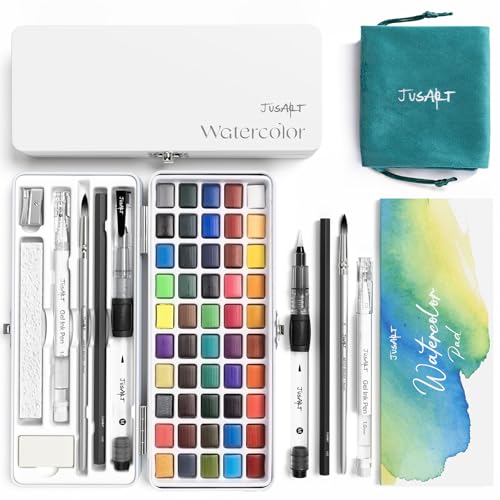 JusArt Aquarellfarben-Set mit 50 Farben, Künstlerbedarf mit Metallic-Farben, Detailpinseln, Wasserpinseln und tragbarem Reise-Malset für Künstler, Profis, Erwachsene und Kinder