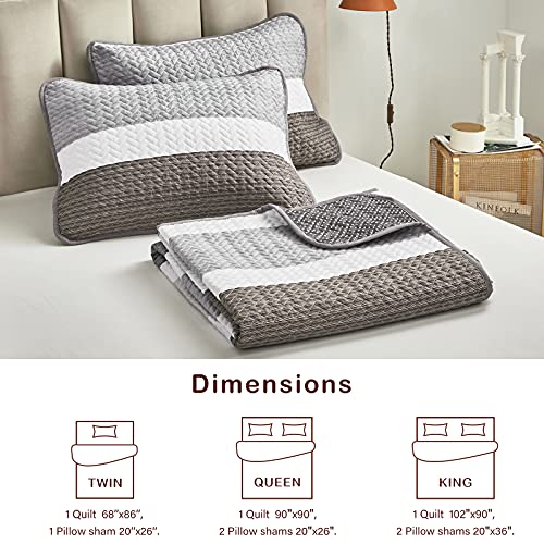 Joyreap 3 Pieces Quilt Set Full/Queen, Light Gray N Brown Stripes Design, Smooth Soft Microfiber Quilt, Bedspread Bed Cover For All Season, 1 Quilt And 2 Pillow Shams- 90X90 Inches #TOP5