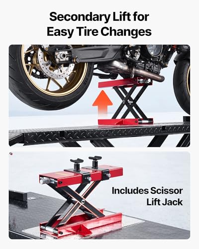Image of VEVOR Motorcycle Lift Table, 1500 lbs Capacity, Electric Hydraulic Pump with Scissor Lift Jack, Adjustable Wheel Chock, 9.05 inch-41.73 inch Height Range, 78.3 inch x 26.3 inch Heavy Duty Repair Stand for Dirt Bike