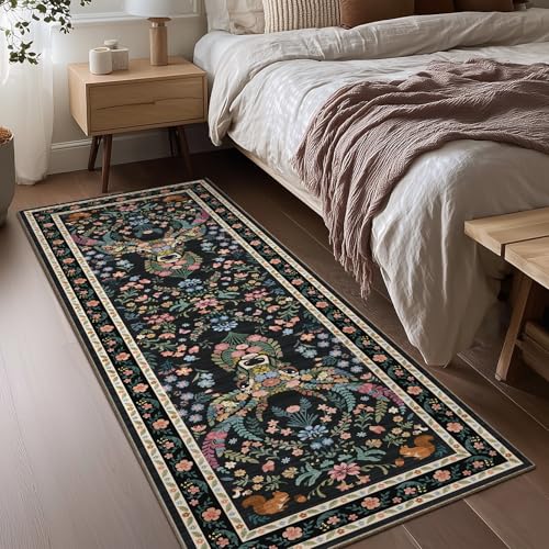 Image of Area Rug Hallway Vintage Floral Deer Pattern 2x6 - Bohemian Forest Animal Carpet with Squirrel & Butterfly, Soft Decorative Area Rug for Living Room Bedroom Home Decor