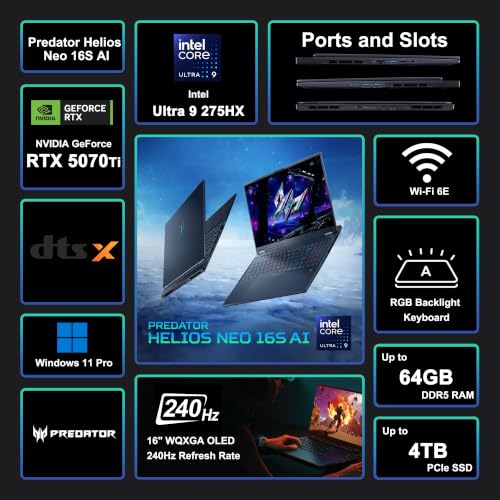 Image of Acer Predator Helios Neo 16S AI Gaming Laptop 16 inch 2560x1600 OLED 240Hz (100% DCI-P3) Intel 24-core Ultra 9 275HX 64GB RAM 2TB SSD GeForce RTX 5070 Ti (Up to 992 AI Tops) Win11Pro ICP Hub