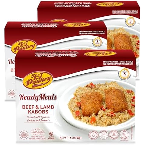 KJ Poultry Kosher Ready Meals - Beef Lamb Kabob & Quinoa, MRE Meat Meals Ready to Eat (3 Pack) Prepared Entree Fully Cooked, Shelf Stable Microwave Dinner Travel, Military, Camping, Emergency Survival Cover