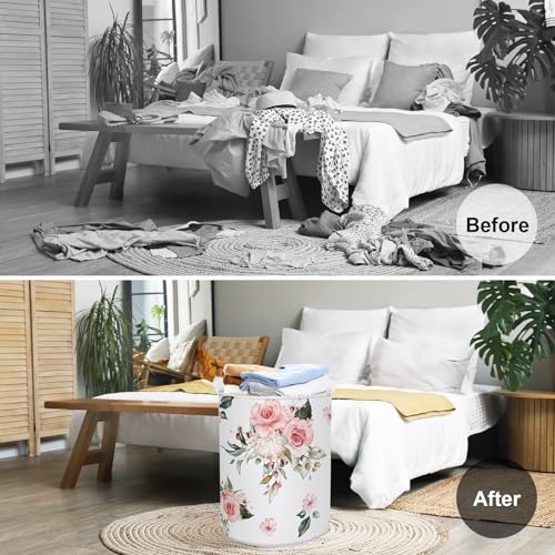 Clastyle CTS0041 Blooming Pink Flowers Laundry Basket Girl Room Floral Dirty Clothes Hamper Round Kid Bedroom Nursery Toy Basket thumb #1