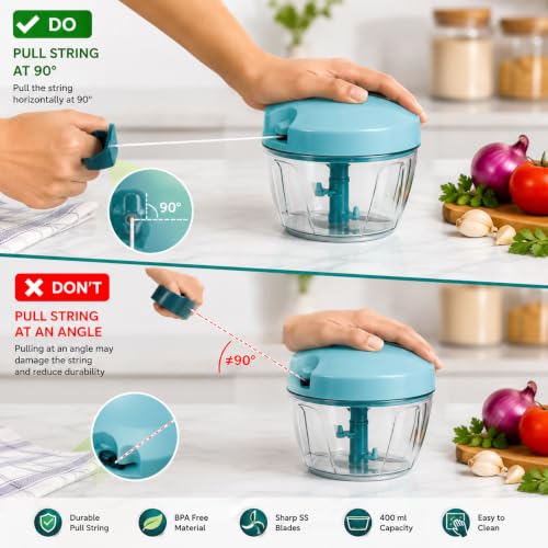 Image of Manual Mini Vegetable Chopper with Pull Cord, Multipurpose Kitchen Food Cutter for Onion, Vegetable, Fruits & Dry Fruits, Compact Plastic Hand Chopper (Multicolour, 450 ml)