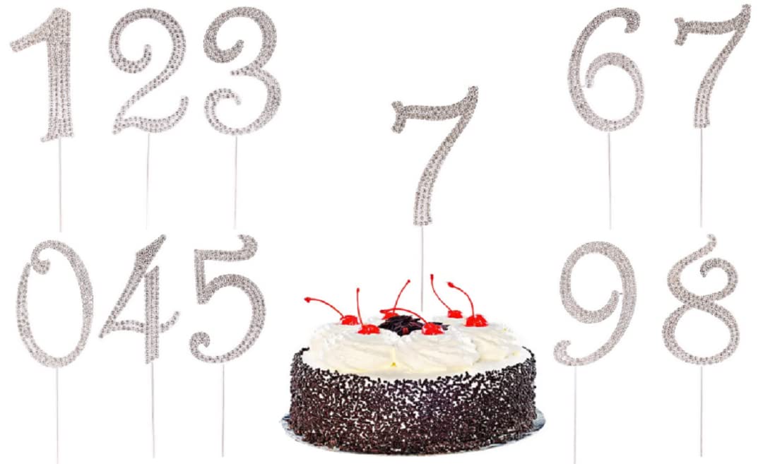 chenwen Large size Number 0-9 Birthday Cake Topper to show years or ages numbers Silver Bling Rhinestone Toppers for Party Wedding Anniversary Decorations. (7 Number, Silver)