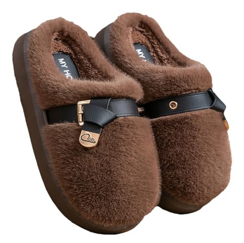 Rungion Womens Trendy Fluffy Plush House Slippers Cozy Indoor Outdoor Non-Slip Slipper Winter Warm Slide Shoes