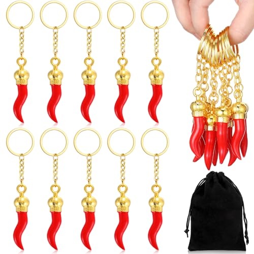 Remuuly 10 Pcs Italian Horn Keychain Italian Red Horn Charm Chili Pepper Keychain Souvenir for Car Mirror Accessories(Gold)