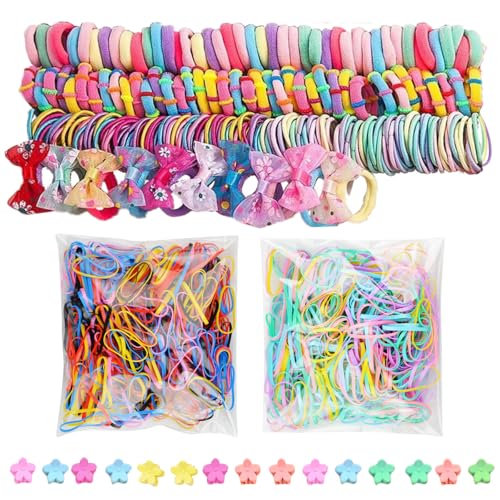 LUFFLOK 1175 Stück Haargummis Mädchen Bunten Haargummis und Haarspangen Haargummi set Elastischen Haarbändern für Mädchen und Kinder Kleine Haarspangen und Haarschmuck für Feines Haar (1175 Stück)