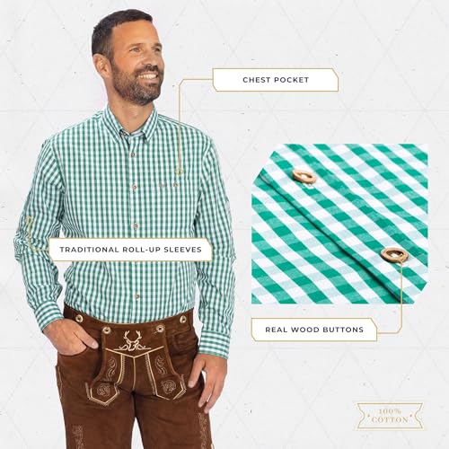 BAVARIA TRACHTEN German Oktoberfest Shirts for Men - Authentic German Lederhosen Shirt Men - Original Bavarian Shirt for Lederhosen Outfit - Checkered Green - Classic - Size L4
