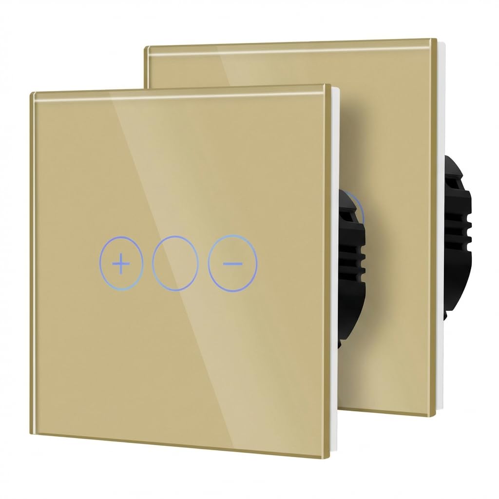 BSEED Dimmer Touch Switch with Glass, No Neutral Wire Required,Tempered Glass Panel with LED Indicator, Compatible with Dimmable LED/Halogen/Incandescent,Dimmer 1 Gang 1 Way(2 Pack),86mm Gold — image 1