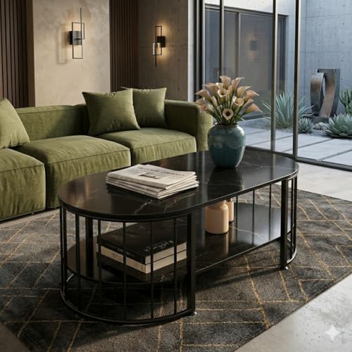 Image of Shoppee Rectangular Coffee Table Modern 2-Tier Center Table with Marble Finish Top Gold Metal Frame Stylish Sofa Table Elegant Cocktail for Living Room /Drawing /Dining Room (Black & Black)