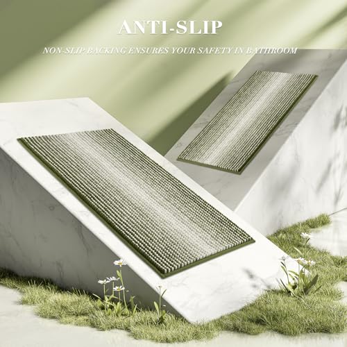 BSICPRO Bathroom Rugs and Mats Sets, 2 Piece Thick Absorbent Chenille Bath Mat Rug Set Non Slip, Soft Shaggy Bath Room Floor Mats for Bathroom, Machine Washable (Sage, 24" x 70" Plus 20" x 32")