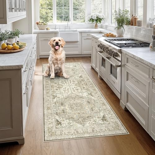 Madane Hallway Runner Rug 3x6 - Washable Kitchen Rugs Entryway Rug Runner Vintage Soft Floor Mat Non Slip Indoor Farmhouse Carpet for Bathroom Living Room Bedroom (3 X 6, Ivory/Brown)